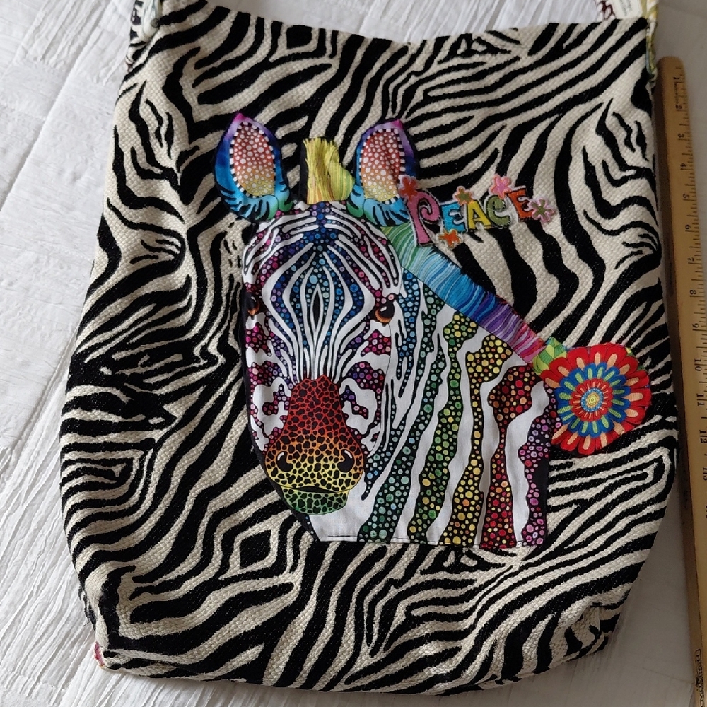 Handmade Rainbow Zebra Print Handmade Crossbody Tote with Colorful Design